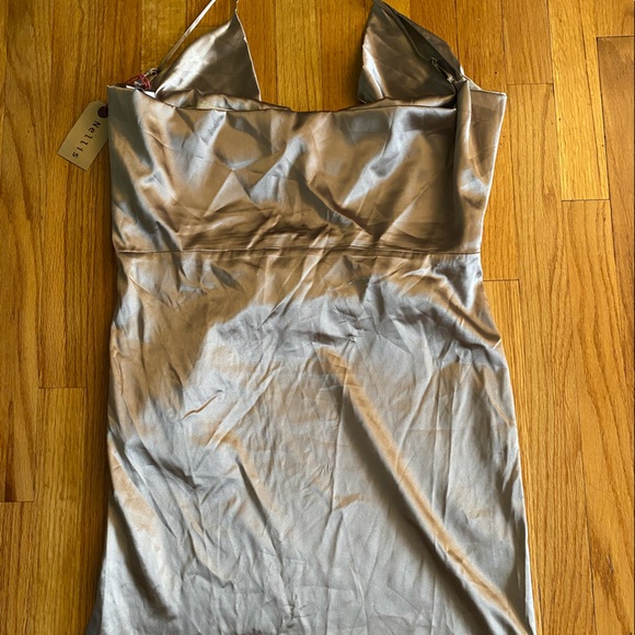 NELLIS, L, gold satin draped neck & back, criss cross strap dress, new w/ tags!! - Picture 3 of 8